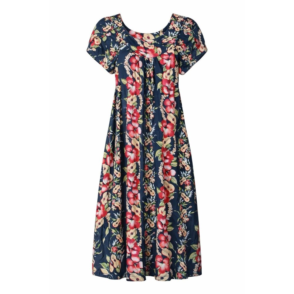VINTAGE Bishop St. Apparel Women Medium Dress Navy Floral Shift Hawaiian Guitar